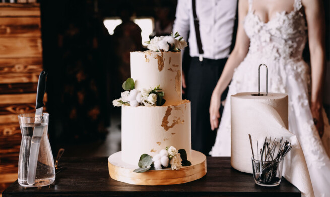 Dvoupatrový svatební dort se zlatem a bavlníkem