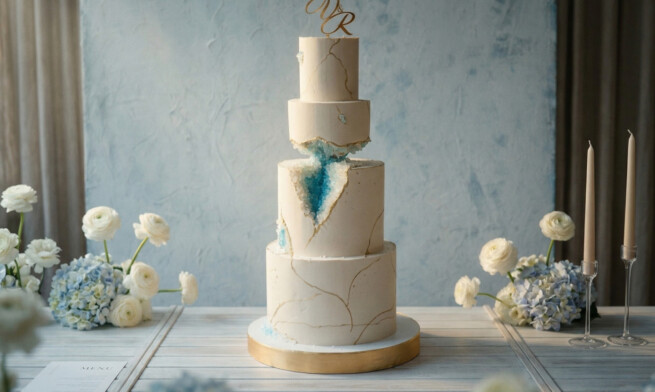 Čtyřpatrový svatební geode dort s odhalenými modrými krystaly, zlatými linkami a iniciálami na vrcholu, obklopený modrými hortenziemi a bílými pryskyřníky. Výroba Dortoff.