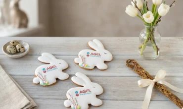 Tři ručně zdobené velikonoční perníčky ve tvaru zajíčků s bílou polevou a jedlým potiskem firemního loga AGEL Poliklinika v jarním zátiší s pomlázkou a tulipány. Výroba Dortoff.