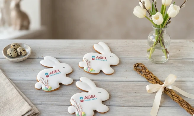 Tři ručně zdobené velikonoční perníčky ve tvaru zajíčků s bílou polevou a jedlým potiskem firemního loga AGEL Poliklinika v jarním zátiší s pomlázkou a tulipány. Výroba Dortoff.