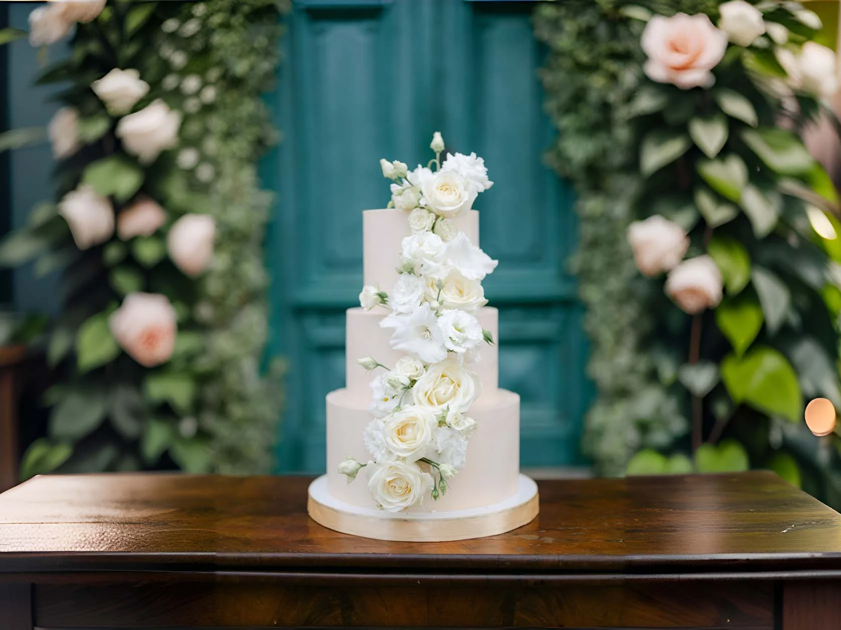Třípatrový svatební dort s květinami